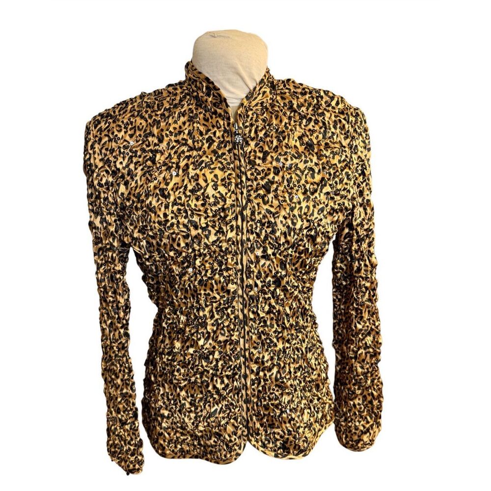 Women's Leopard Print Zip Jacket - Tan/Black
